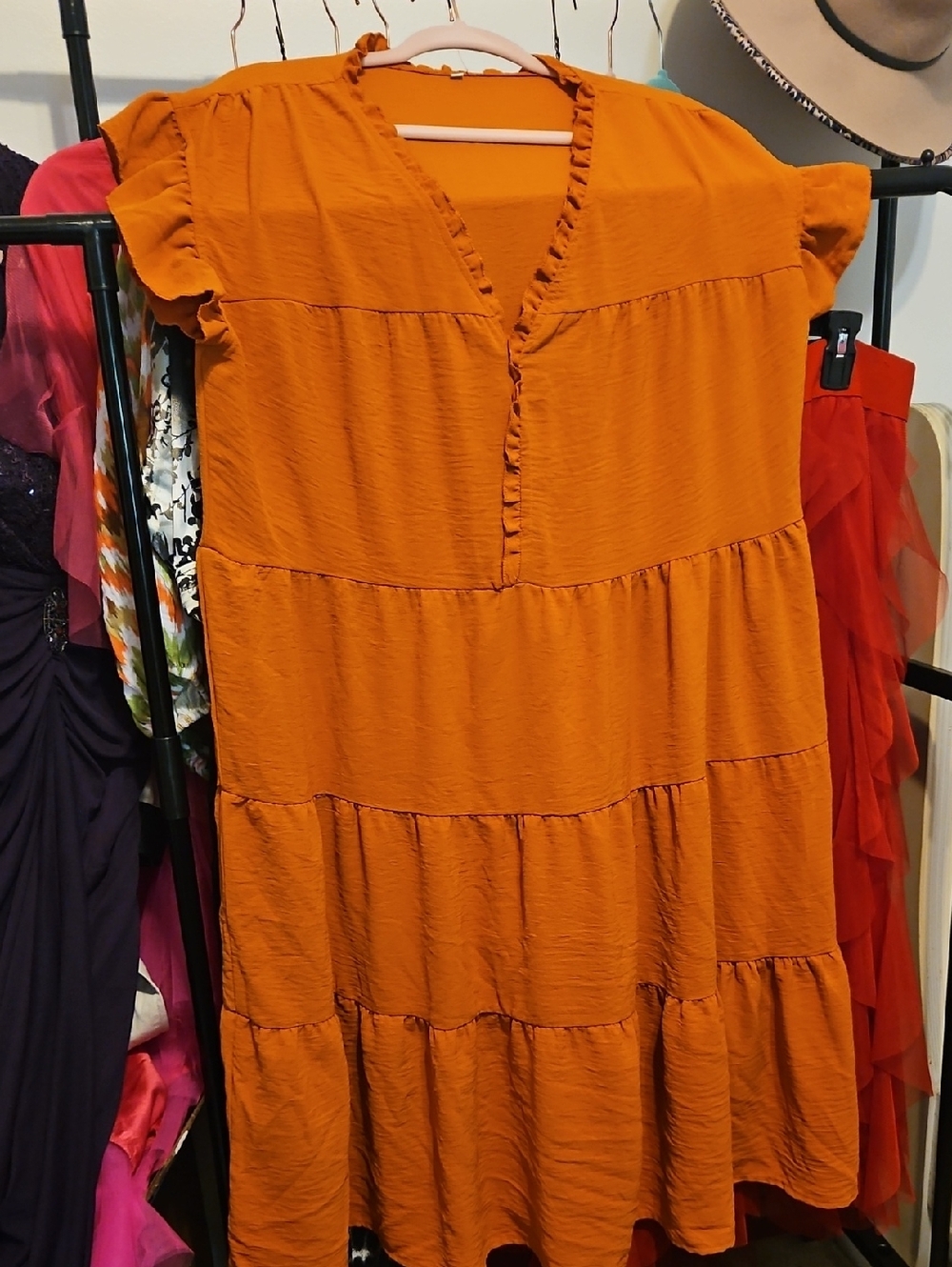 Tiered Short-Sleeve V-Neck Dress in Burnt Orange